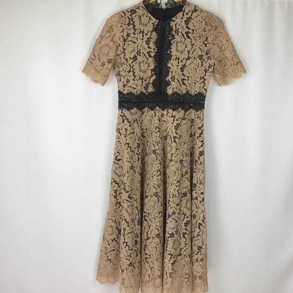 Coeur de Vague Beige and Black Lace A-Line Dress Size 4